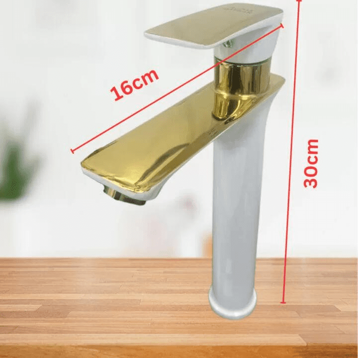 Wash basin mixer faucet white and gold color single handle size 16x30cm
