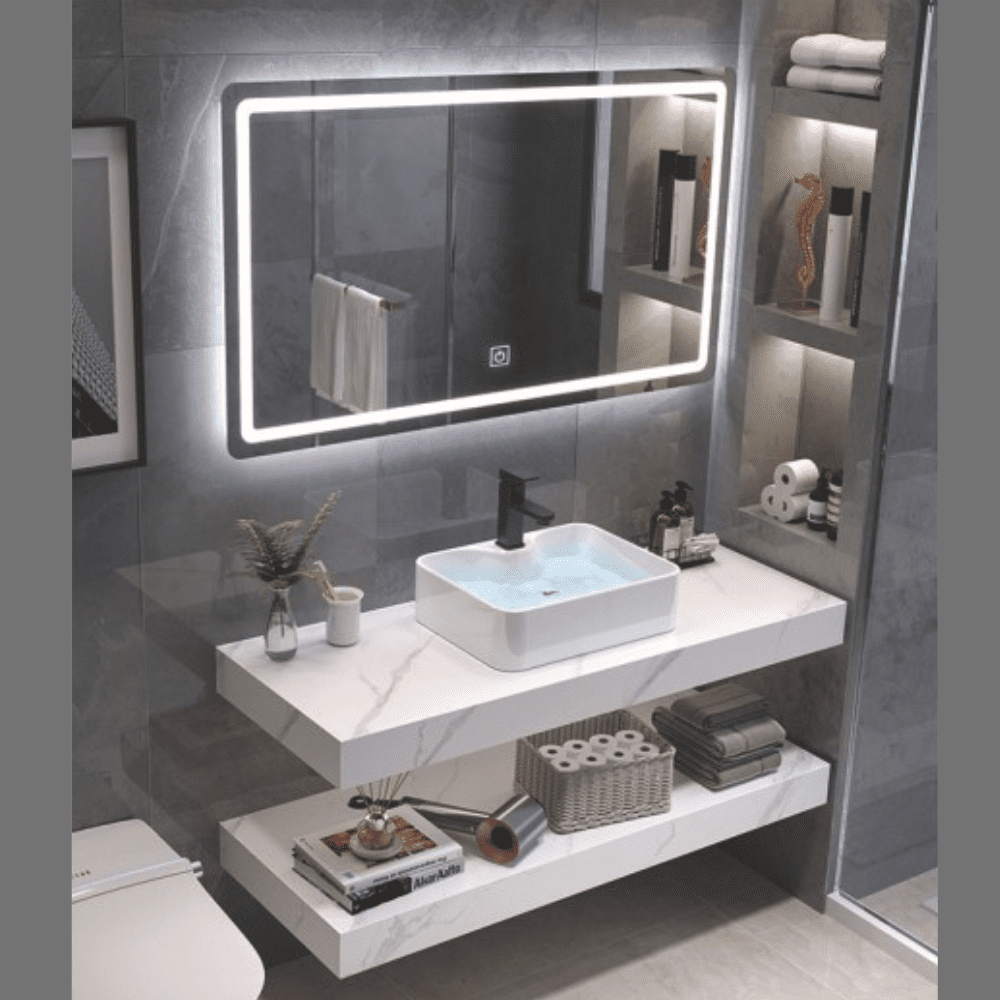 bathroom cabinet with led mirror and bottom shelf