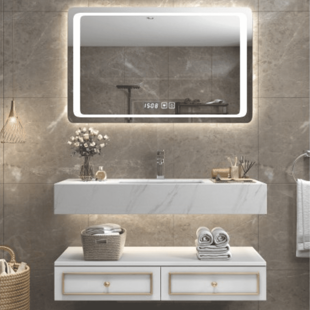 bathroom cabinet with led mirror and bottom shelf