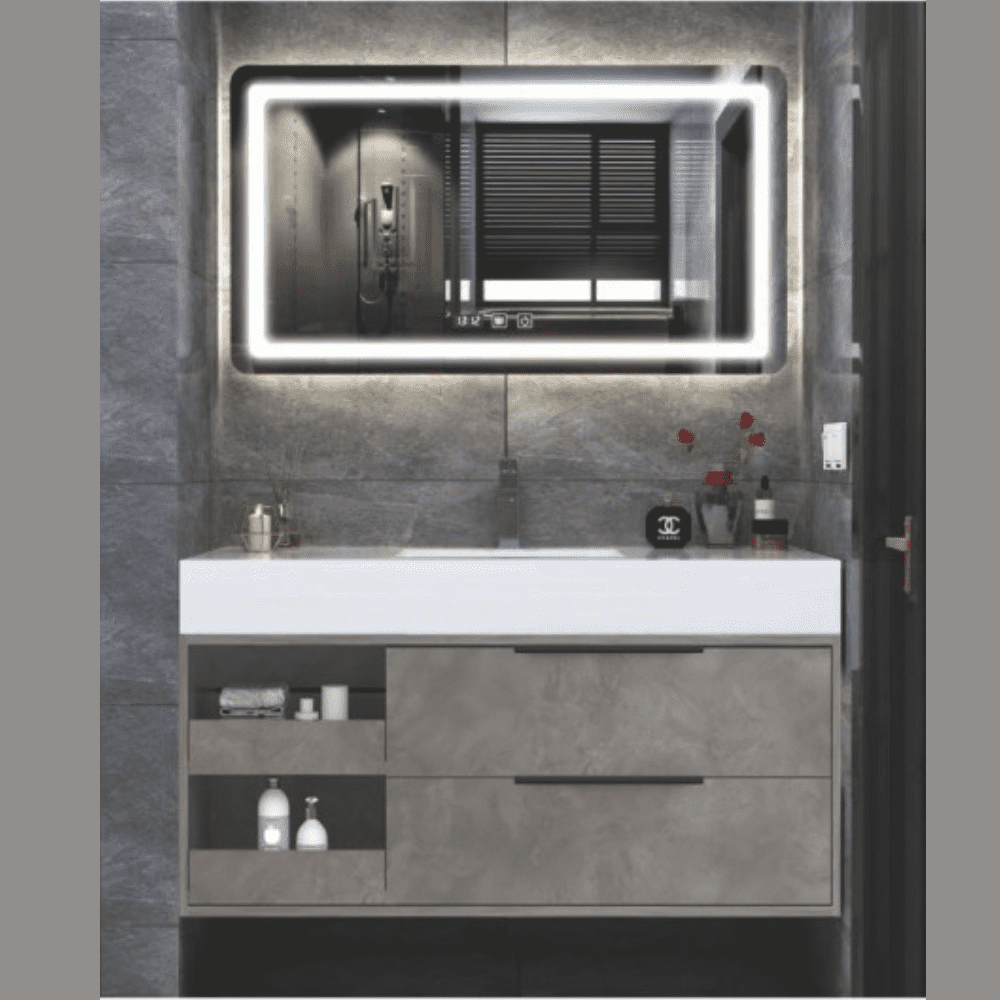 grey vanity unit led mirror and storage