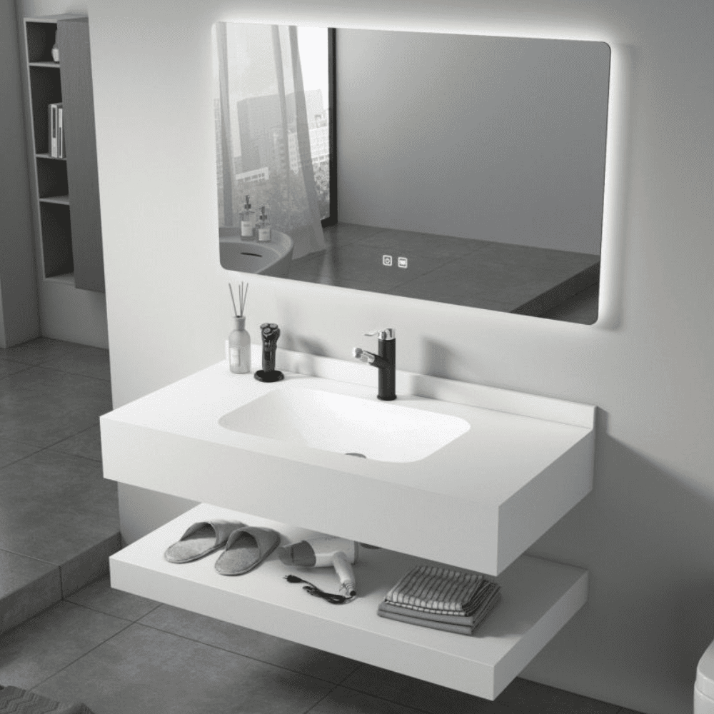 Elegant white bathroom mirror cabinet with bottom Storage