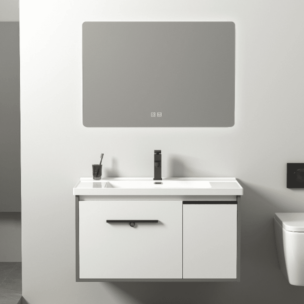 Elegant white bathroom cabinet with led mirror and storage