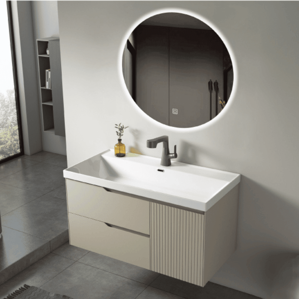 Bathroom cabinet white basin with round led mirror