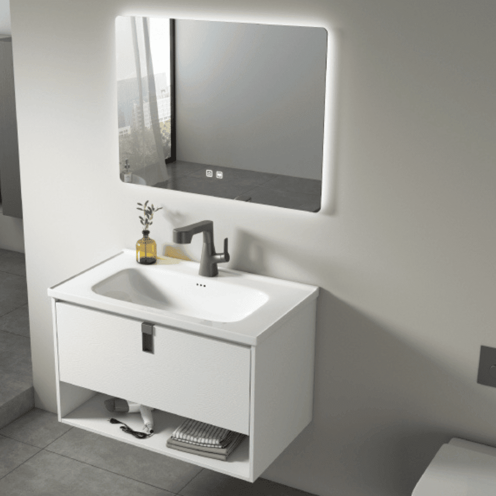 White bathroom cabinet with led mirror and storage