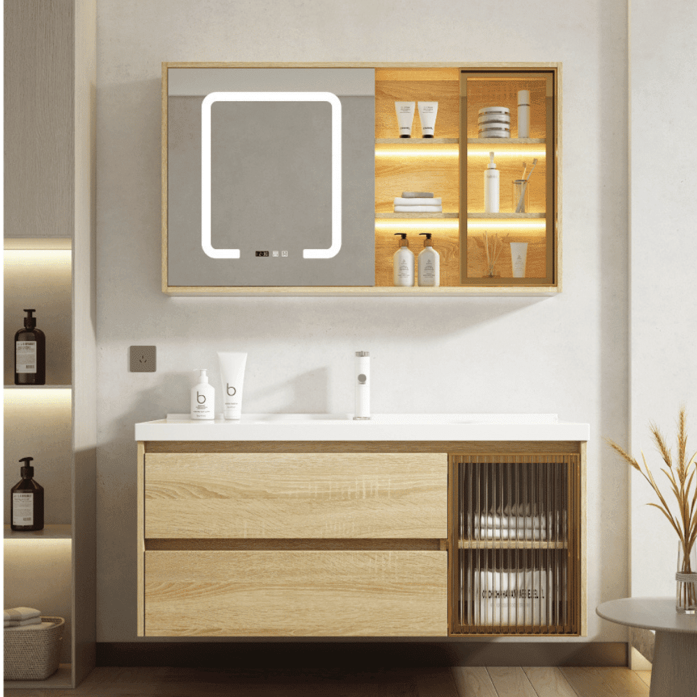 Wood color bathroom cabinet with mirror and storage