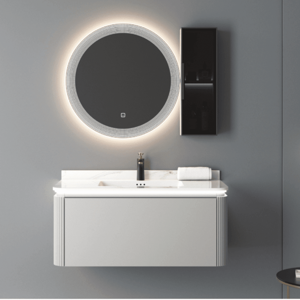 Bathroom cabinet with round led mirror and side cabinet