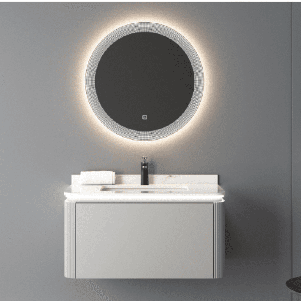 Bathroom cabinet with round led mirror