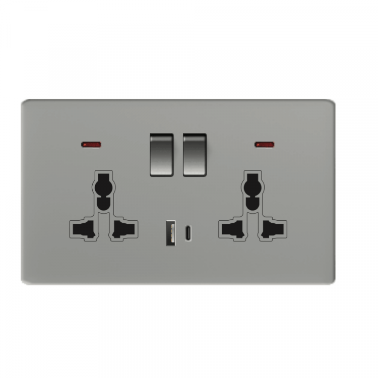 CJF F50 Series – Double 13A Multi-Function Switched Socket + USB-C Port with Light (Grey)