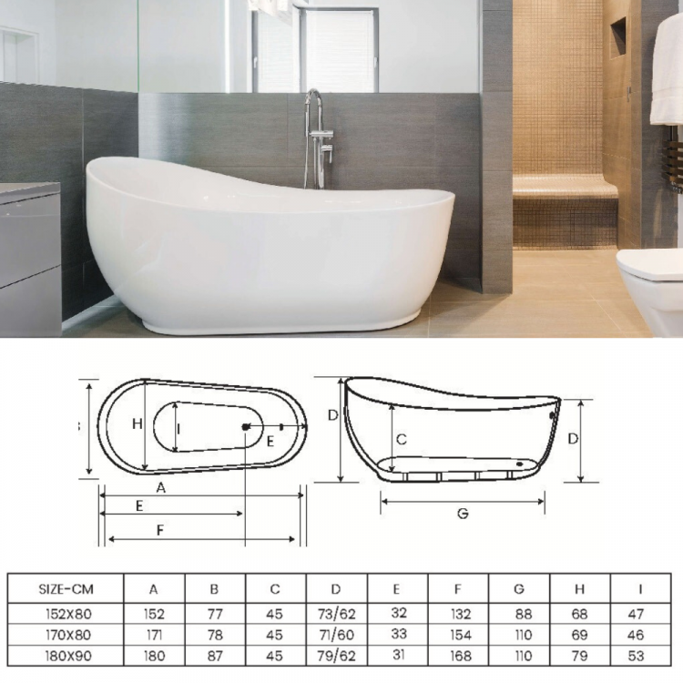 Modern Valencia Freestanding Acrylic Bathtub – Elegant Oval Design (Available in 3 Sizes)